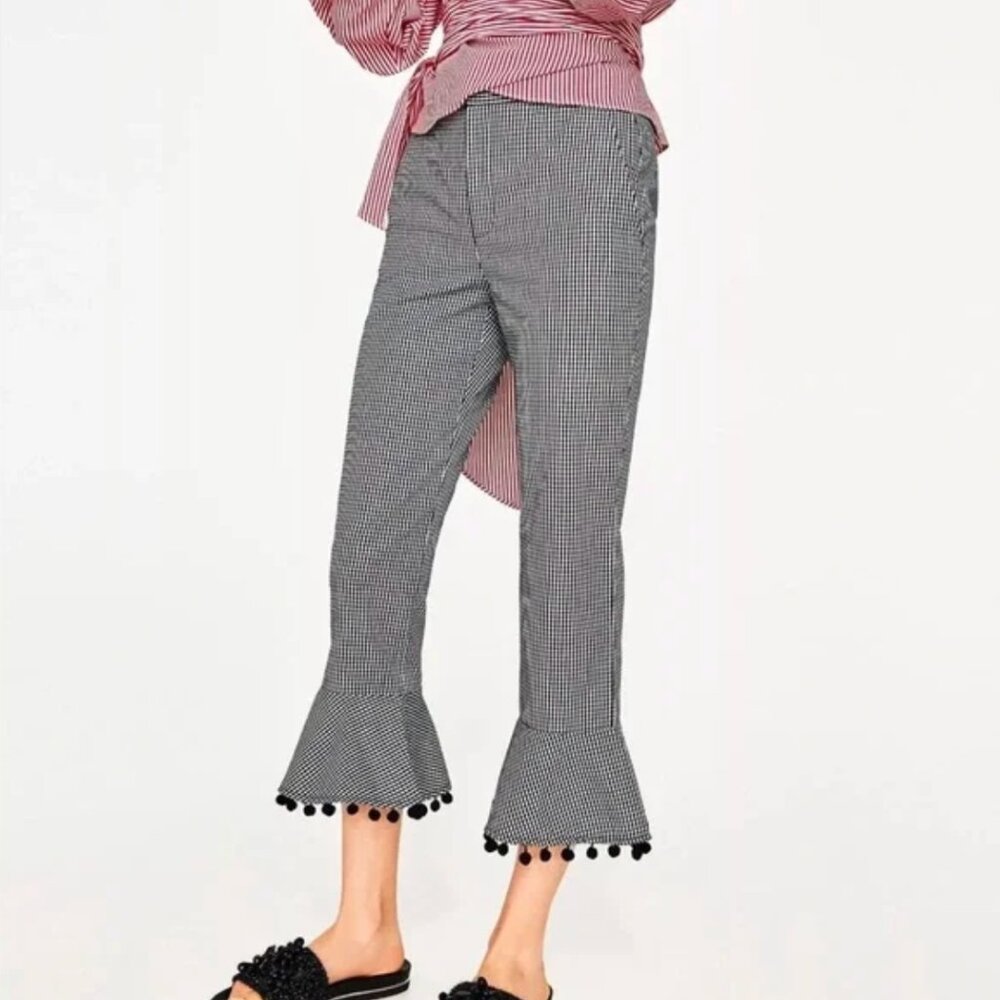 Zara Gingham Printed Pompom Trousers XS